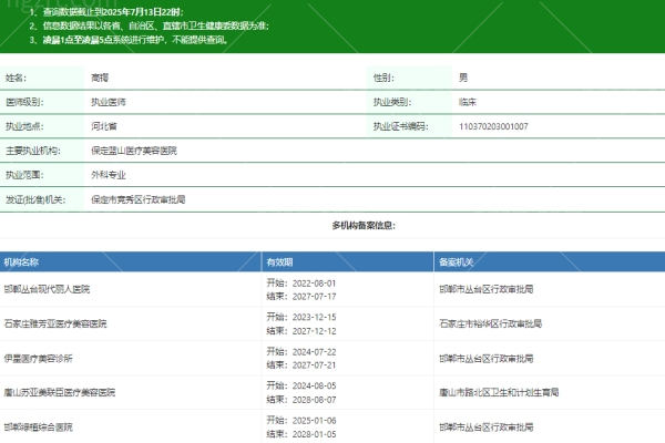 邯郸绿植综合医院（医美科）高锷医生资质信息