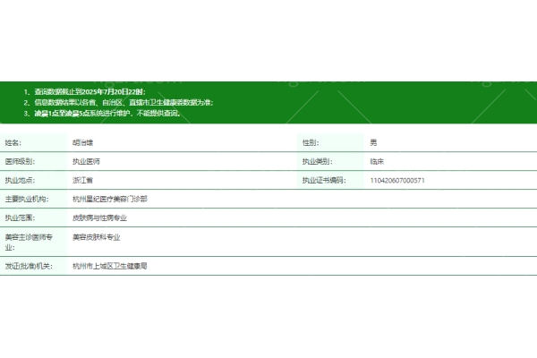 杭州星纪医疗美容门诊部胡治雄医生资质信息