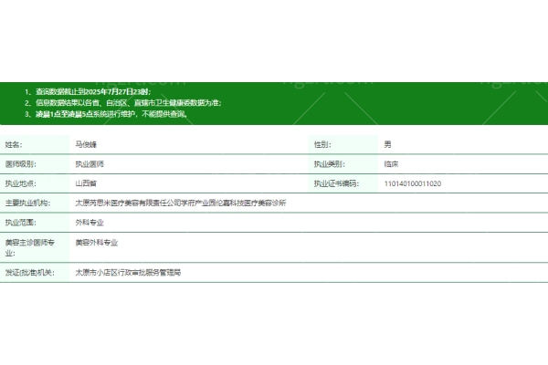 太原芮思米医疗美容诊所马俊峰医生资质信息