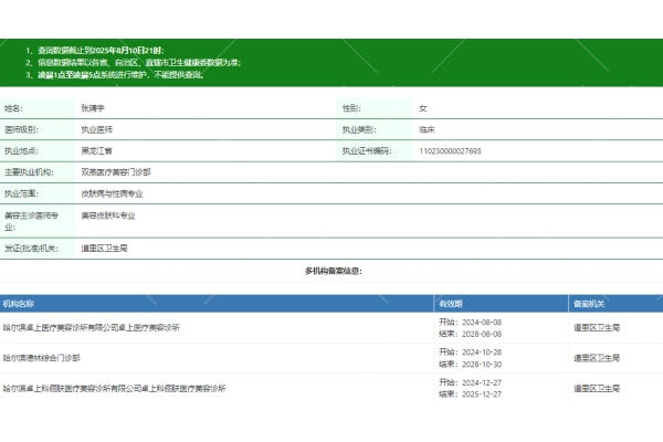 哈尔滨卓上医疗美容诊所张靖宇医生资质信息