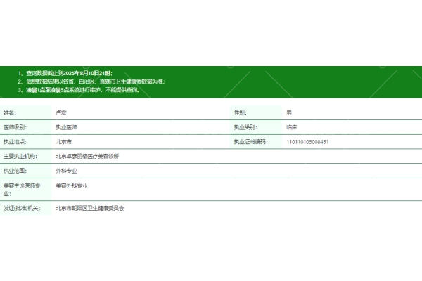 北京卓彦丽格医疗美容诊所卢宏医生资质信息