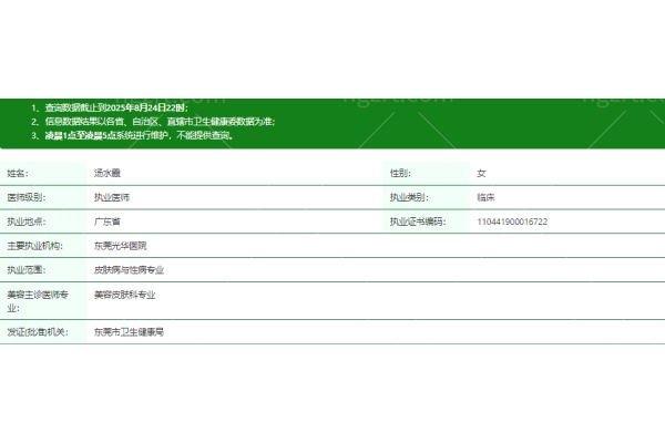 东莞光华医院（整形科）汤水霞医生资质信息