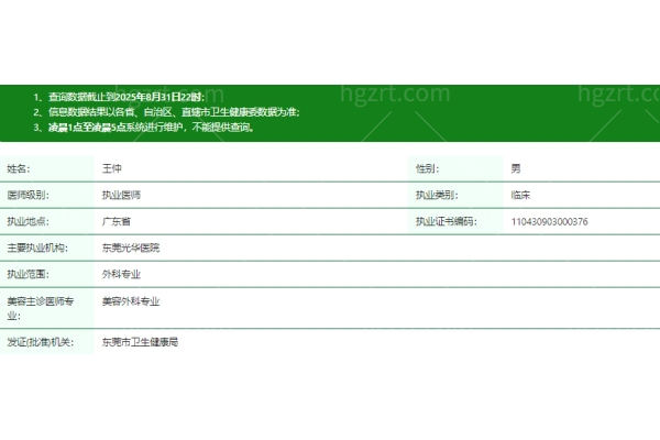 东莞光华医院（整形科）王仲医生资质信息