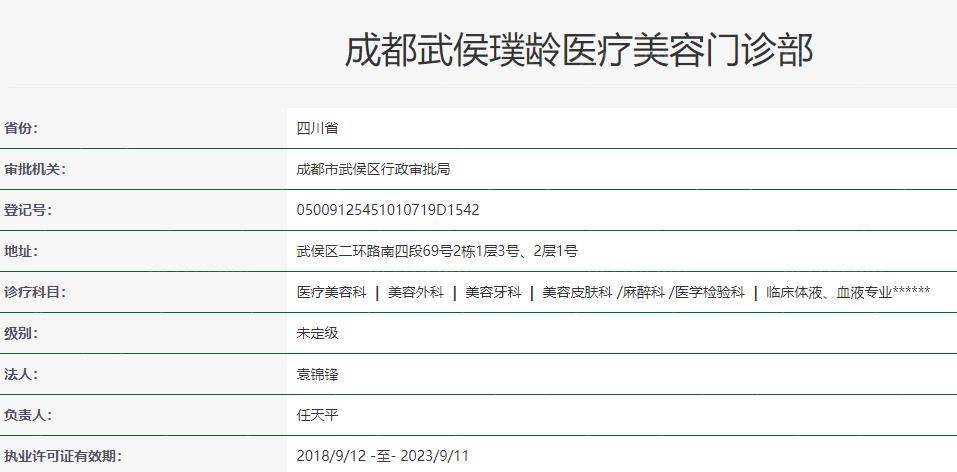 成都武侯璞龄医疗美容门诊部卫健委资料