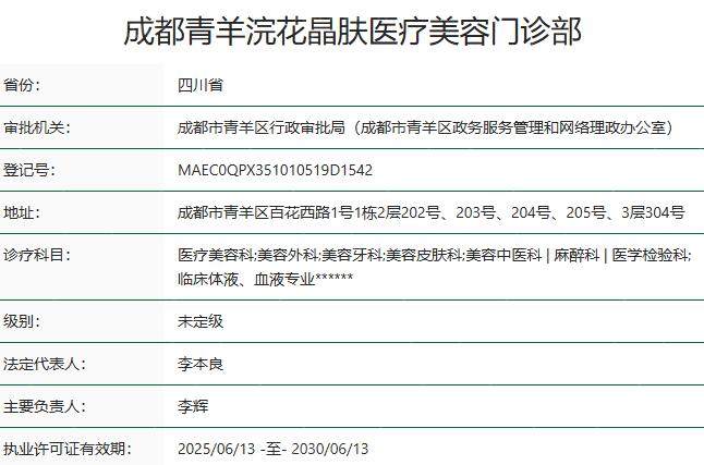 成都青羊浣花晶肤医疗美容门诊部资质
