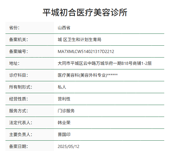 大同平城初合医疗美容诊所资质