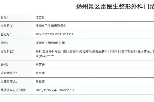 扬州景区雷医生整形外科门诊部正规资质