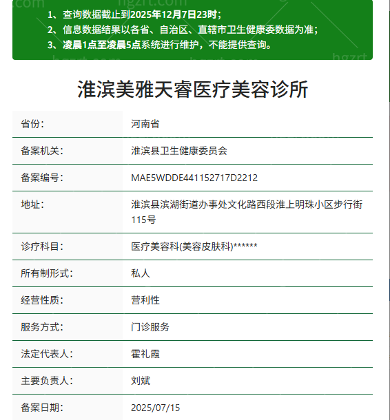 信阳淮滨美雅天睿医疗美容诊所资质