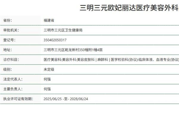 三明三元欧妃丽达医疗美容外科门诊部正规资质
