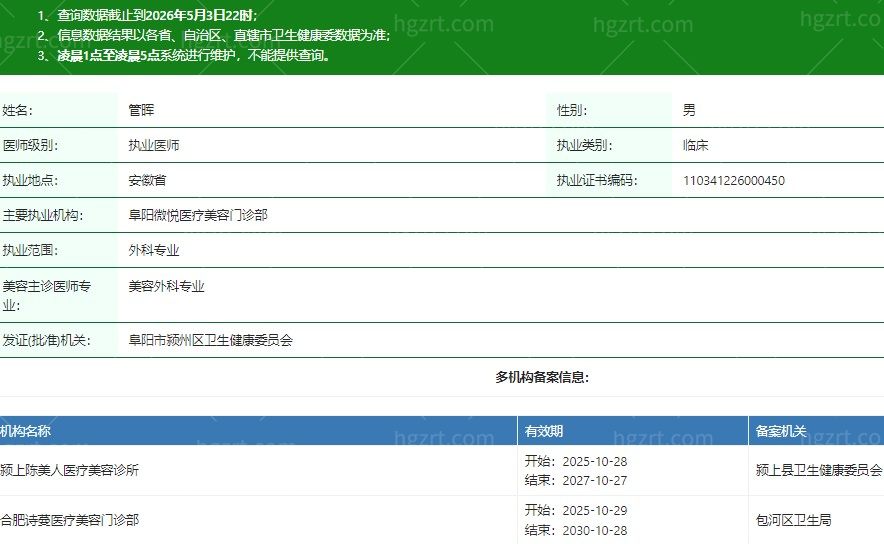 合肥诗蔓医疗美容门诊部管晖医生资质信息