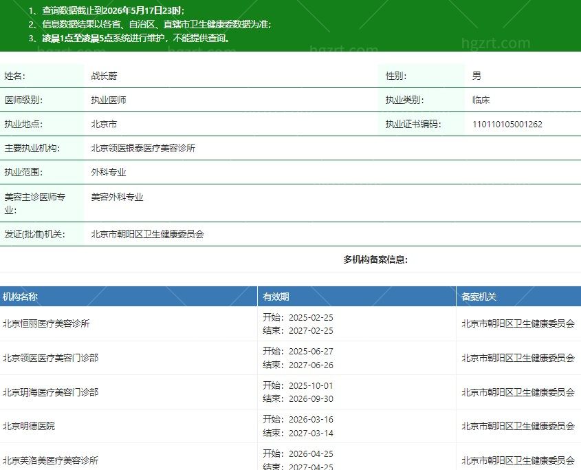 北京芙洛美医疗美容诊所战长蔚医生资质信息