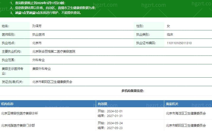 北京纯脂医疗美容门诊部孙泽芳医生资质信息