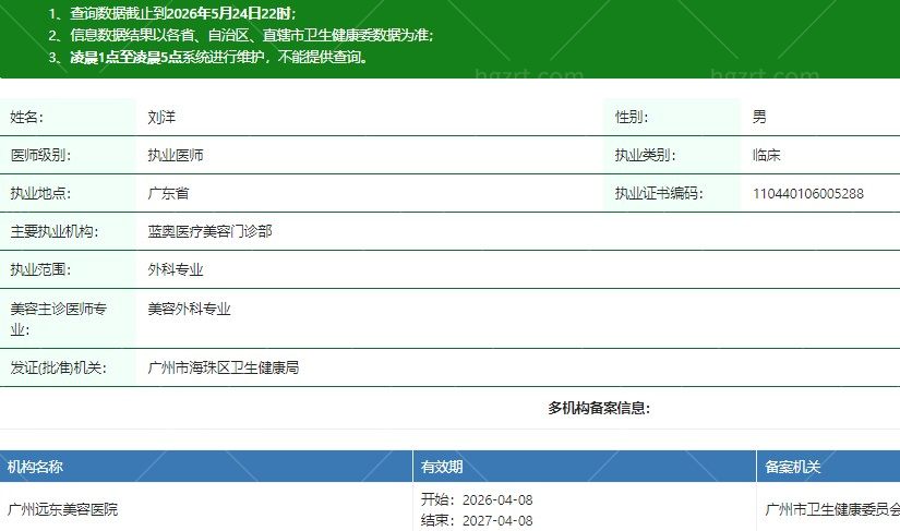 广州远东美容医院刘洋医生资质信息