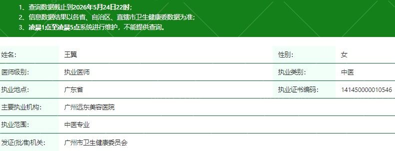 广州远东美容医院王翼医生资质信息