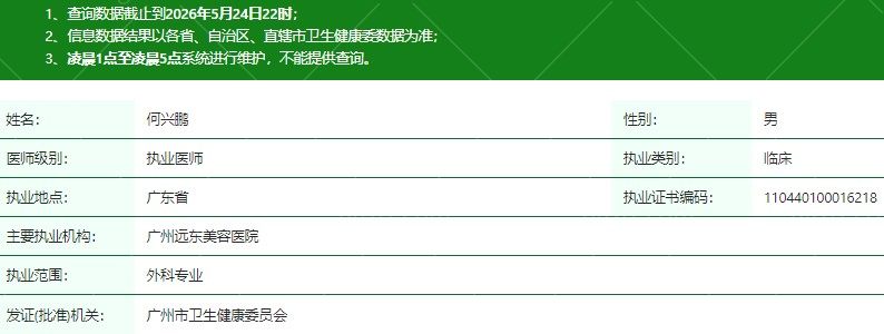 广州远东美容医院何兴鹏医生资质信息