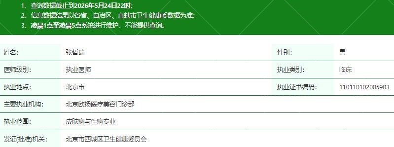 北京欧扬医疗美容门诊部张哲瑞医生资质信息