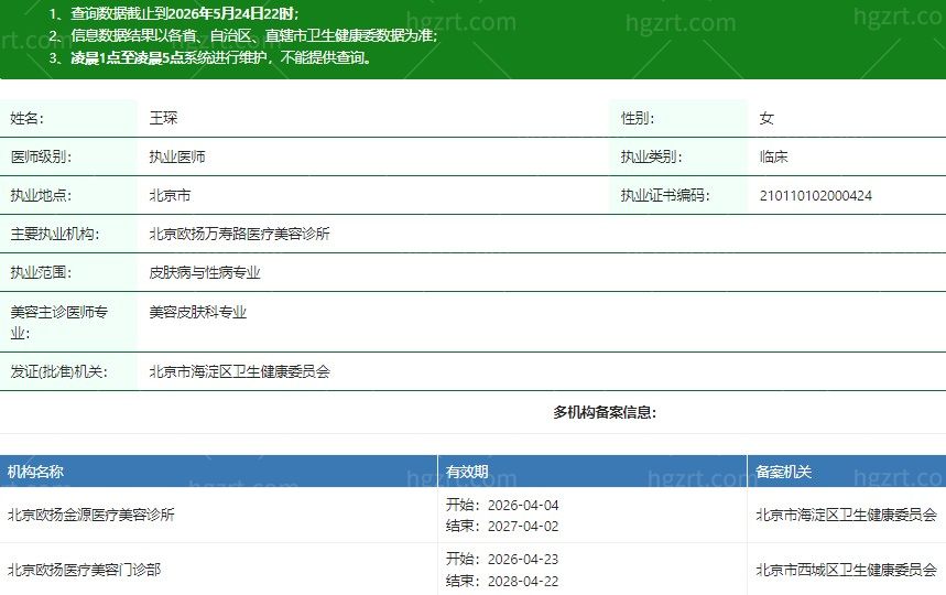 北京欧扬医疗美容门诊部王琛医生资质信息