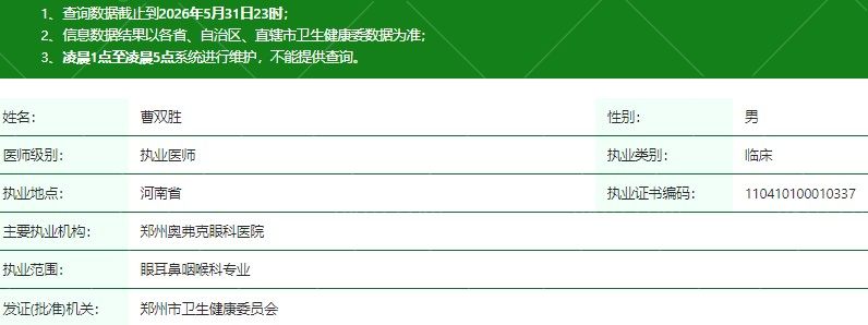 郑州盛视眼科医院曹双胜医生资质信息