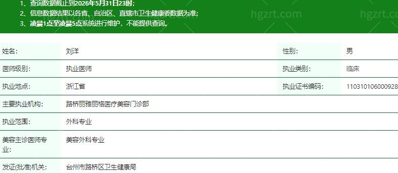 台州路桥丽雅丽格医疗美容门诊部刘洋医生资质信息