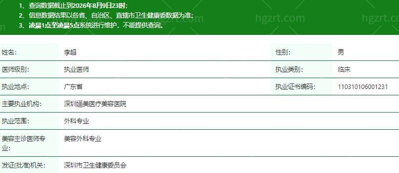 深圳画美（婳美）医疗美容医院李超医生资质信息